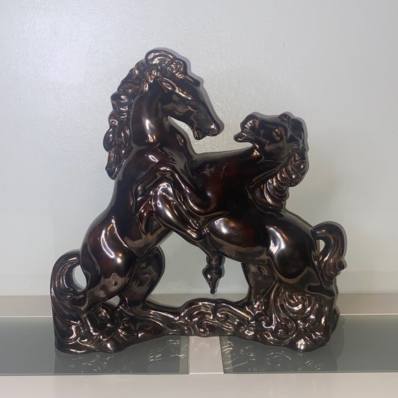 Mid-Century Fighting Stallions Statue Ceramic Bronze Glaze-Vintage 1960’s - Picture 2 of 13